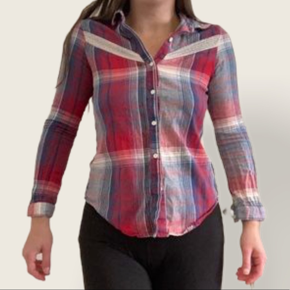💜 3/25 Ripcurl Women’s Plaid Blouse w Mesh Accent - Picture 1 of 5